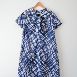 Vintage Navy and White Crosshatch Dress with Neck Tie, Size L